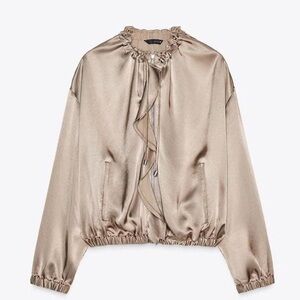 Zara NWT taupe satin drawstring detail bomber zip front jacket